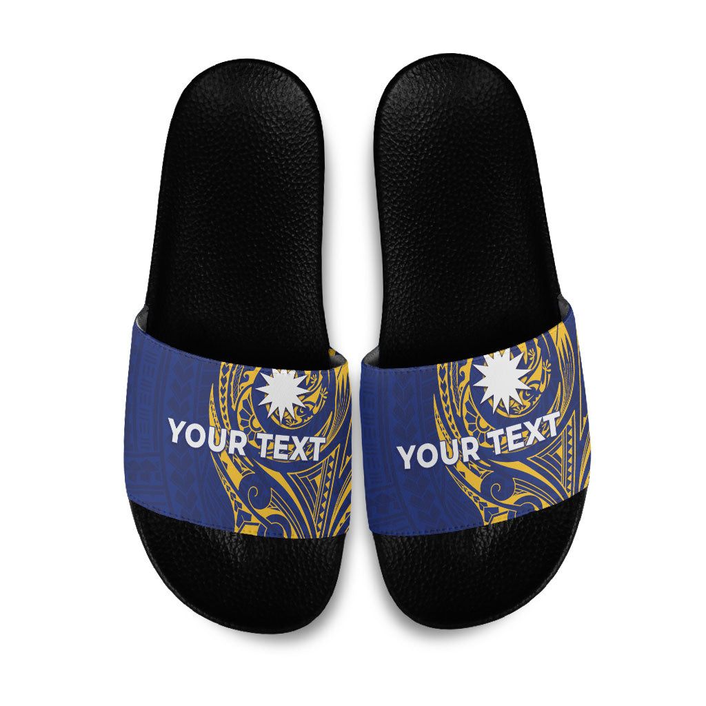 Personalised Nauru Angam Day Slide Sandals Gold Navy Tribal Pattern LT05 Blue - Polynesian Pride