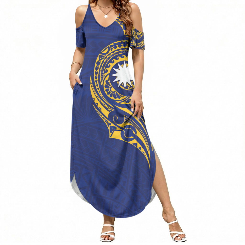 Personalised Nauru Angam Day Summer Maxi Dress Gold Navy Tribal Pattern LT05 Women Blue - Polynesian Pride