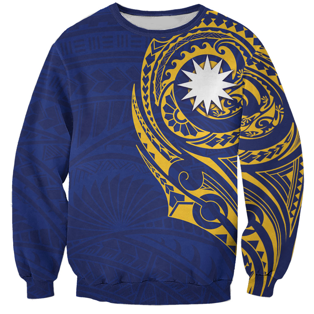 Personalised Nauru Angam Day Sweatshirt Gold Navy Tribal Pattern LT05 Unisex Blue - Polynesian Pride