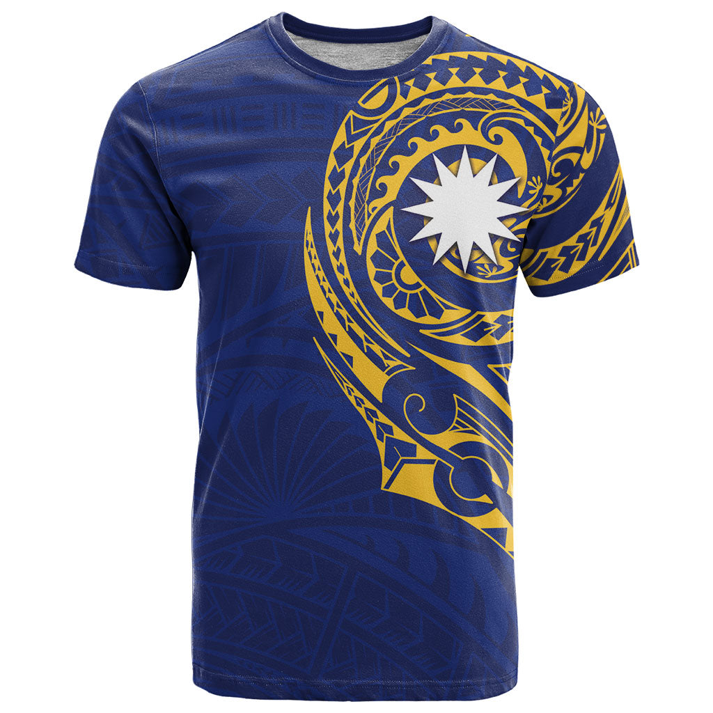 Personalised Nauru Angam Day T Shirt Gold Navy Tribal Pattern LT05 Blue - Polynesian Pride