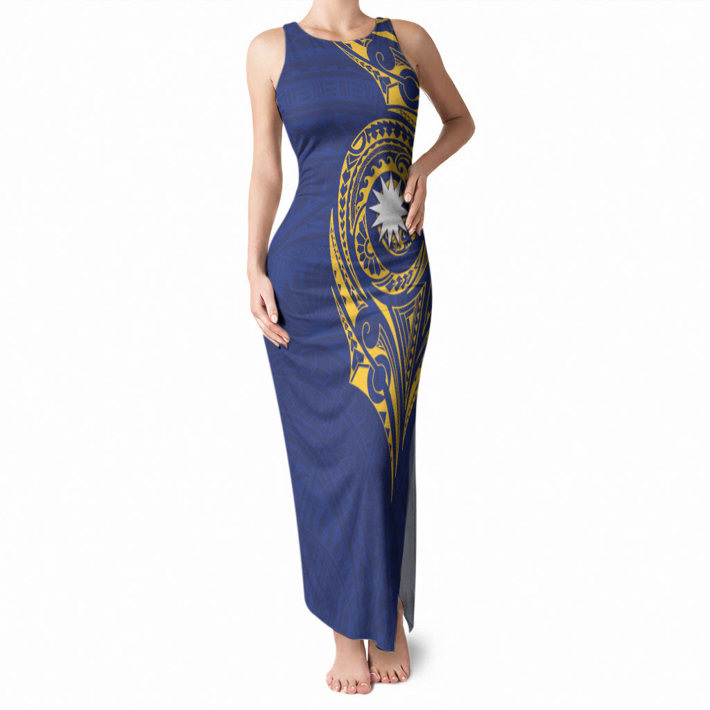 Personalised Nauru Angam Day Tank Maxi Dress Gold Navy Tribal Pattern LT05 Women Blue - Polynesian Pride