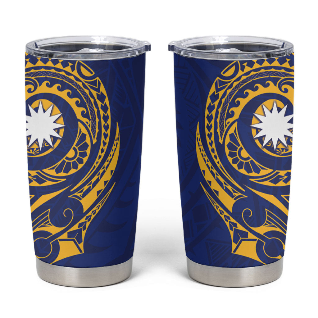 Personalised Nauru Angam Day Tumbler Cup Gold Navy Tribal Pattern LT05 Blue - Polynesian Pride