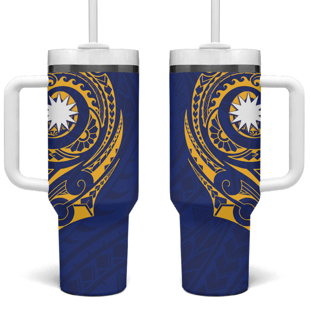 Personalised Nauru Angam Day Tumbler With Handle Gold Navy Tribal Pattern LT05 One Size: 40 oz Blue - Polynesian Pride