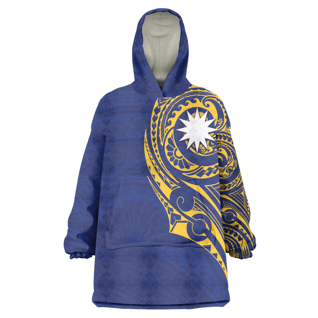 Personalised Nauru Angam Day Wearable Blanket Hoodie Gold Navy Tribal Pattern LT05 One Size Blue - Polynesian Pride