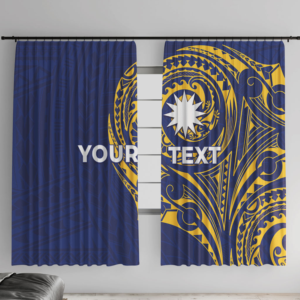 Personalised Nauru Angam Day Window Curtain Gold Navy Tribal Pattern LT05 With Hooks Blue - Polynesian Pride