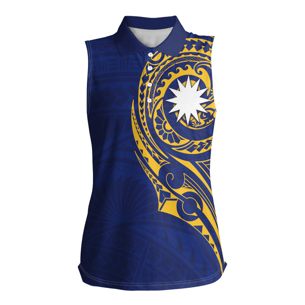 Personalised Nauru Angam Day Women Sleeveless Polo Shirt Gold Navy Tribal Pattern LT05 Female Blue - Polynesian Pride