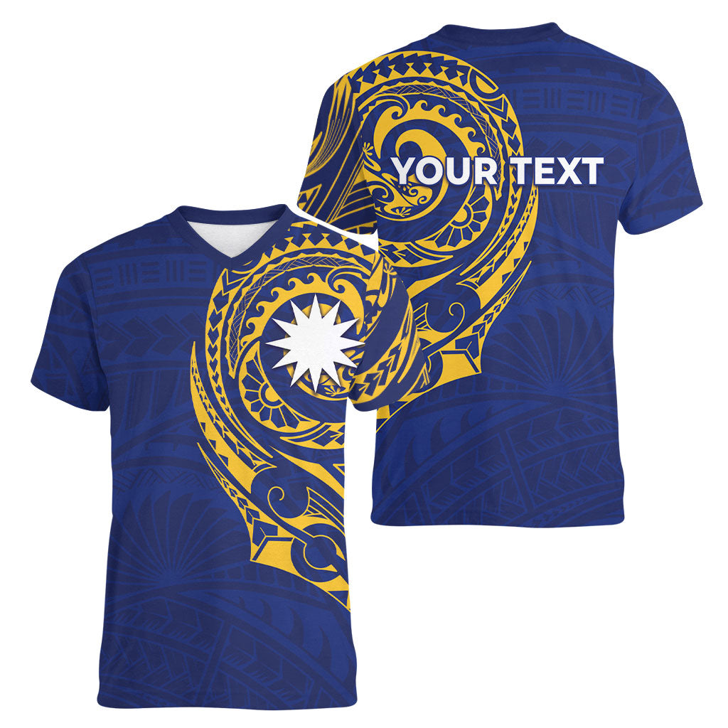Personalised Nauru Angam Day Women V-Neck T-Shirt Gold Navy Tribal Pattern
