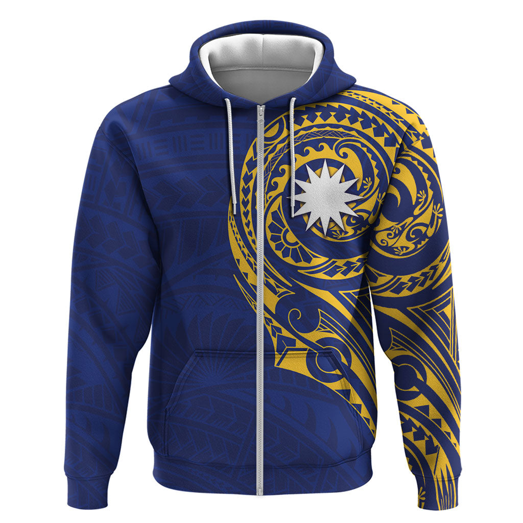 Personalised Nauru Angam Day Zip Hoodie Gold Navy Tribal Pattern LT05 Zip Hoodie Blue - Polynesian Pride