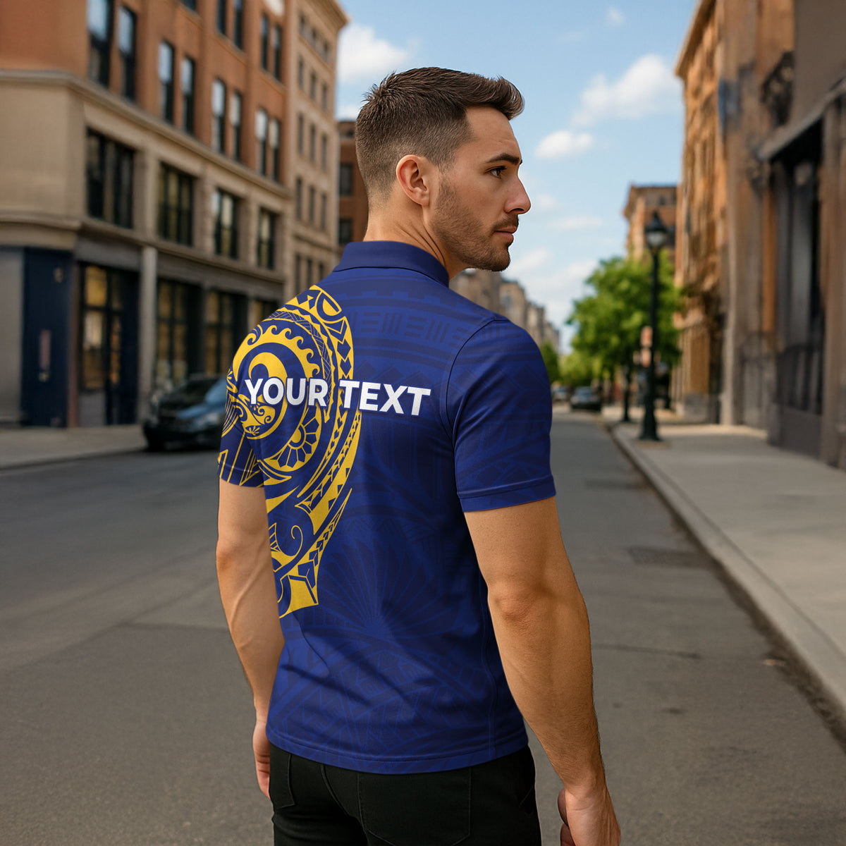 Personalised Nauru Angam Day Zipper Polo Shirt Gold Navy Tribal Pattern