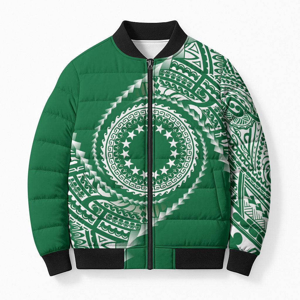 Cook Islands Gospel Day Bomber Puffer Jacket Green Tribal Curves