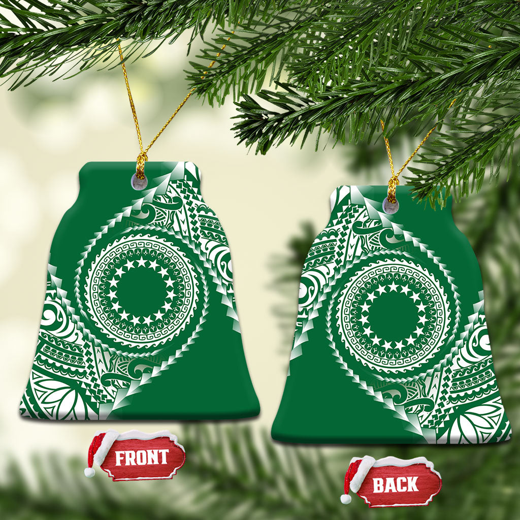 Cook Islands Gospel Day Ceramic Ornament Green Tribal Curves LT05 Bell Flake Green - Polynesian Pride