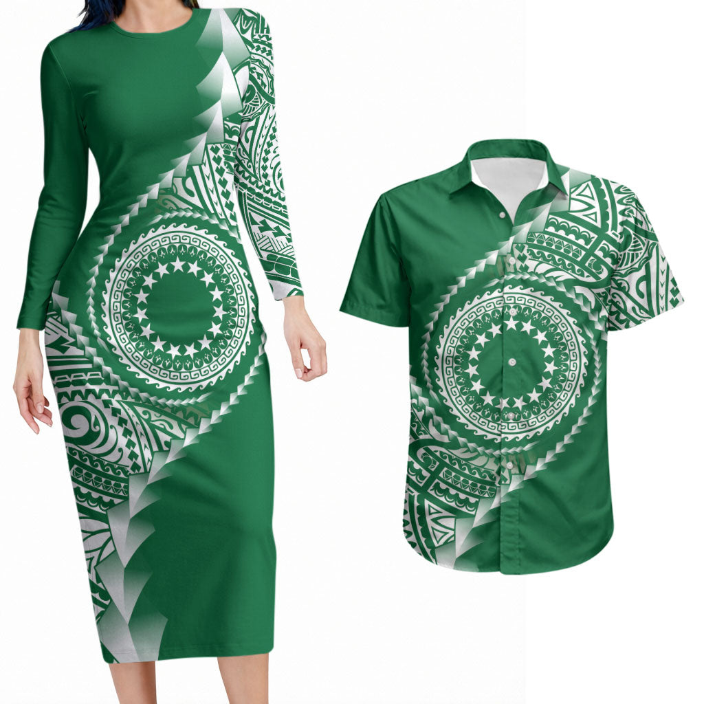 Cook Islands Gospel Day Couples Matching Long Sleeve Bodycon Dress and Hawaiian Shirt Green Tribal Curves LT05 Green - Polynesian Pride