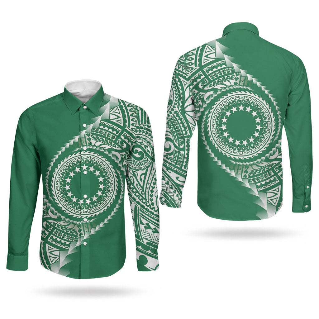 Cook Islands Gospel Day Couples Matching Long Sleeve Bodycon Dress and Long Sleeve Button Shirt Green Tribal Curves