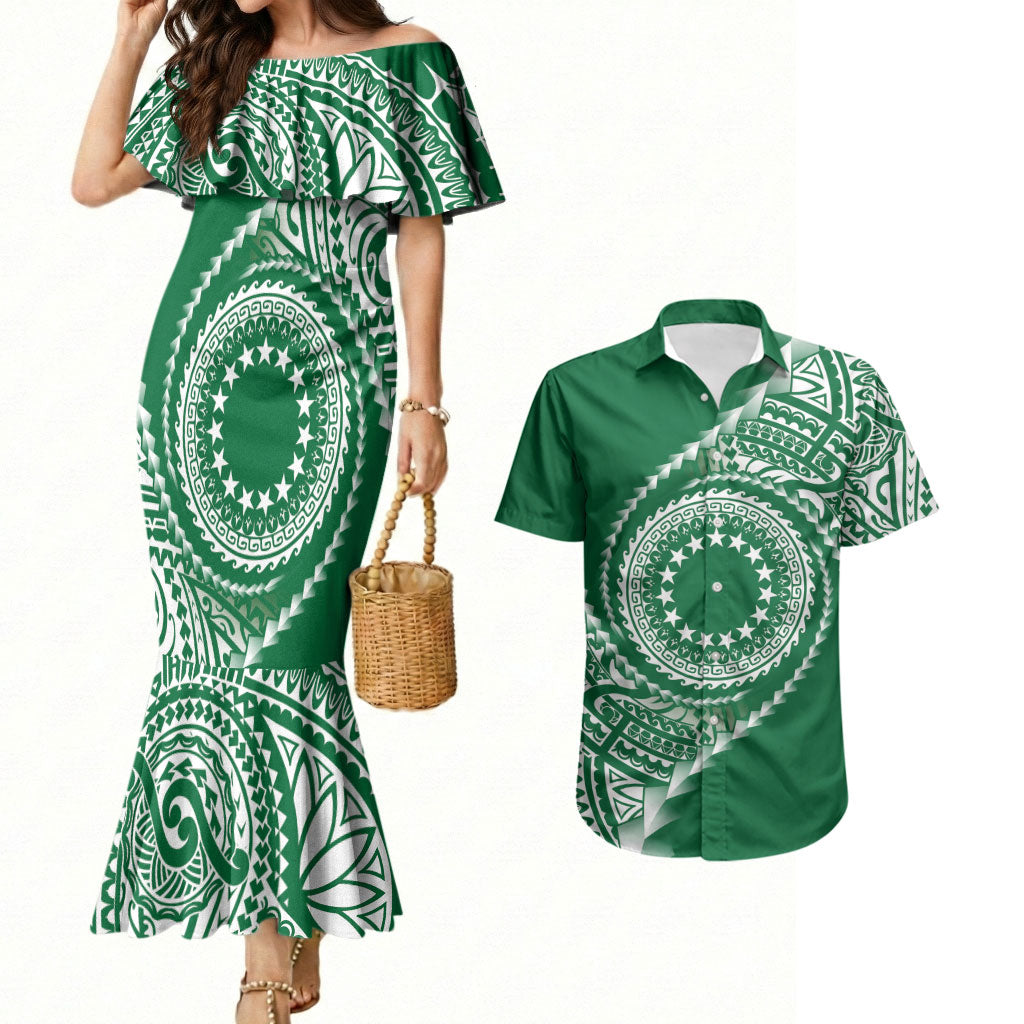 Cook Islands Gospel Day Couples Matching Mermaid Dress and Hawaiian Shirt Green Tribal Curves