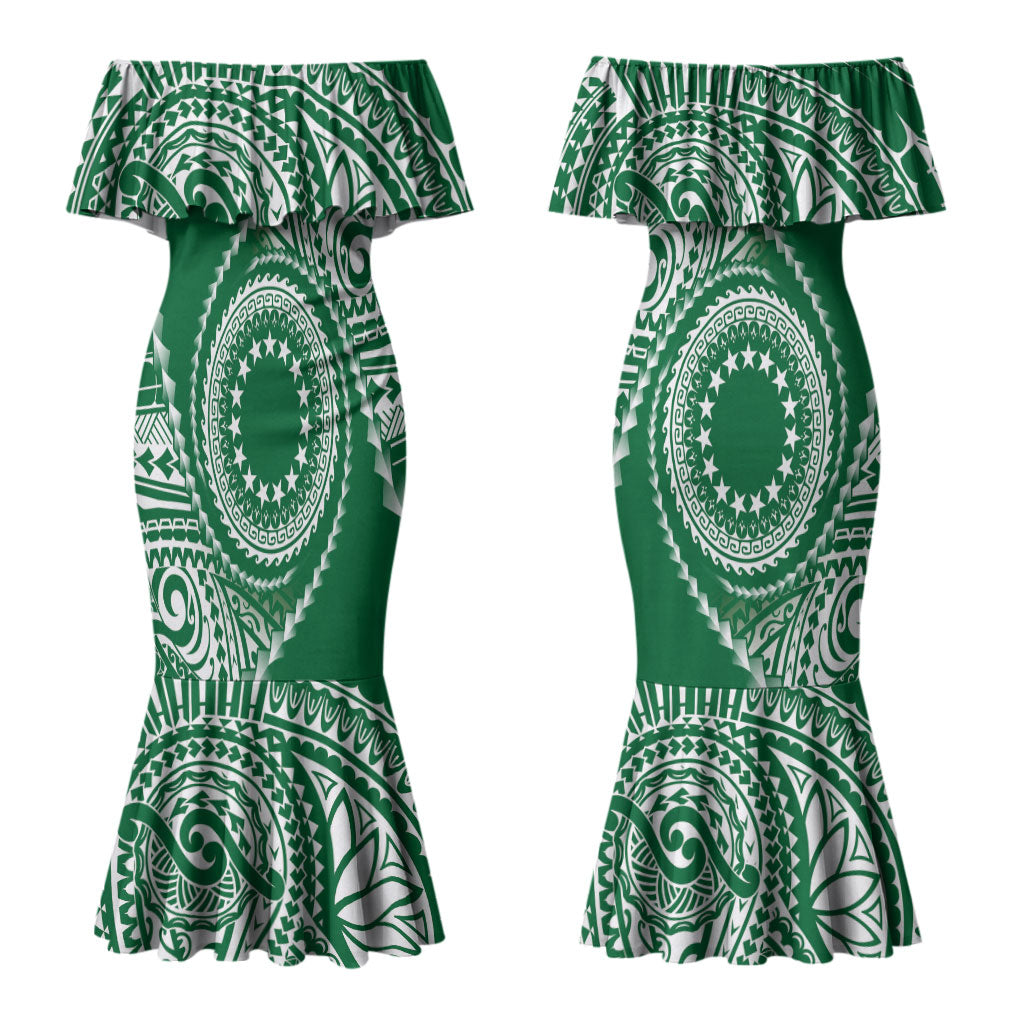 Cook Islands Gospel Day Couples Matching Mermaid Dress and Hawaiian Shirt Green Tribal Curves