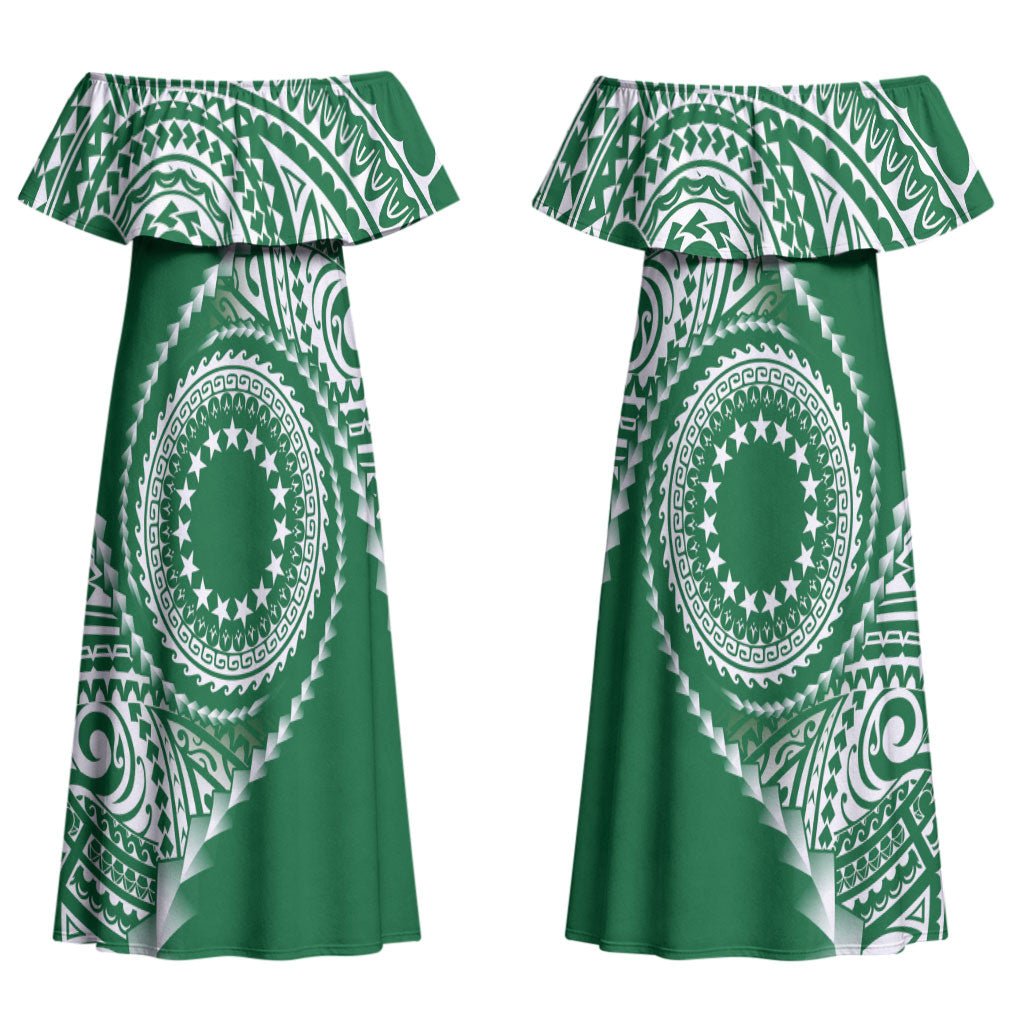 Cook Islands Gospel Day Couples Matching Off Shoulder Maxi Dress and Hawaiian Shirt Green Tribal Curves