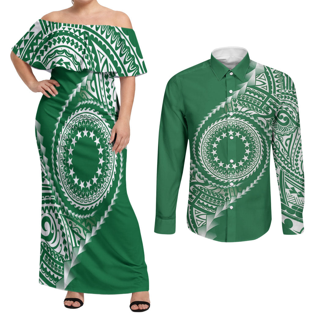 Cook Islands Gospel Day Couples Matching Off Shoulder Maxi Dress and Long Sleeve Button Shirt Green Tribal Curves LT05 Green - Polynesian Pride