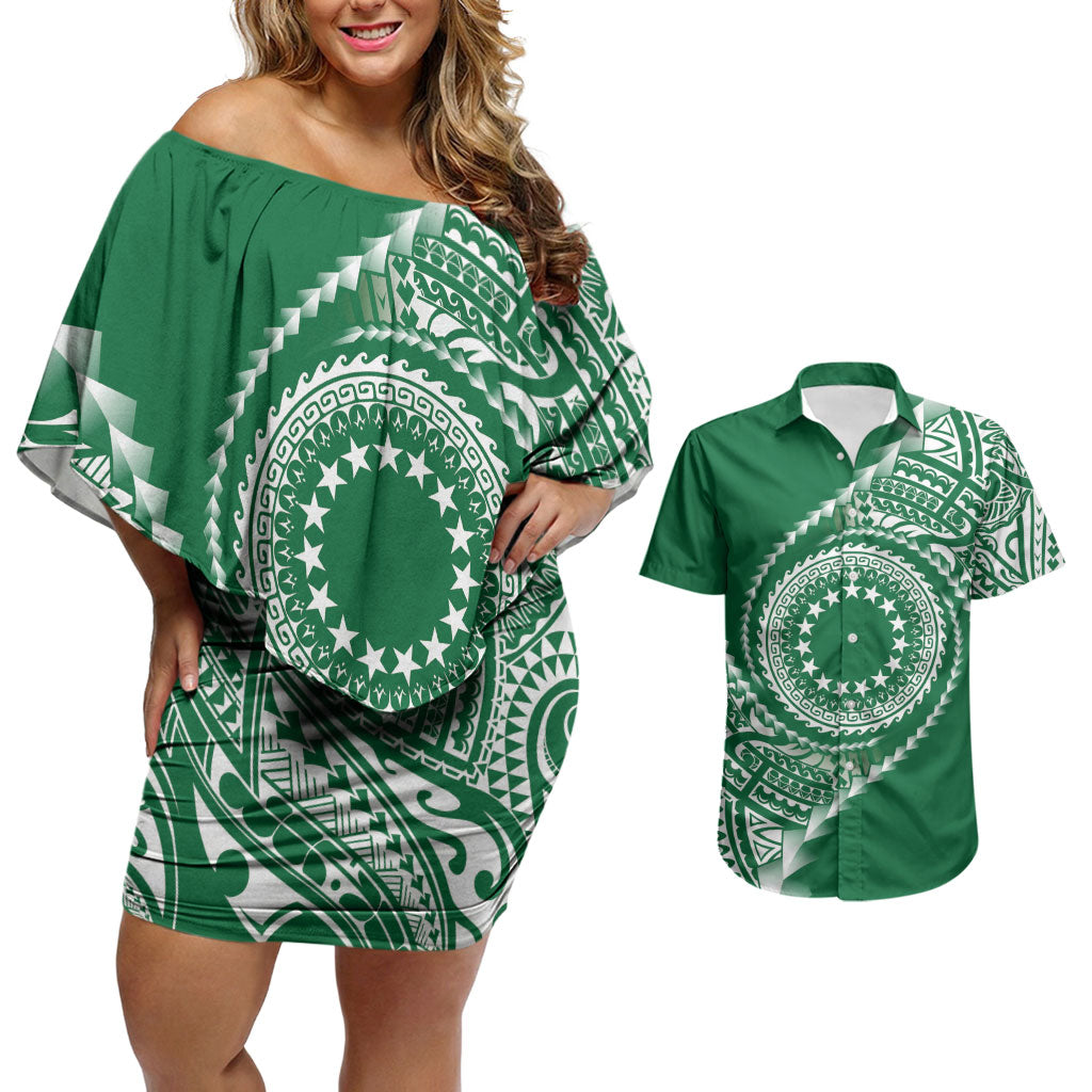 Cook Islands Gospel Day Couples Matching Off Shoulder Short Dress and Hawaiian Shirt Green Tribal Curves