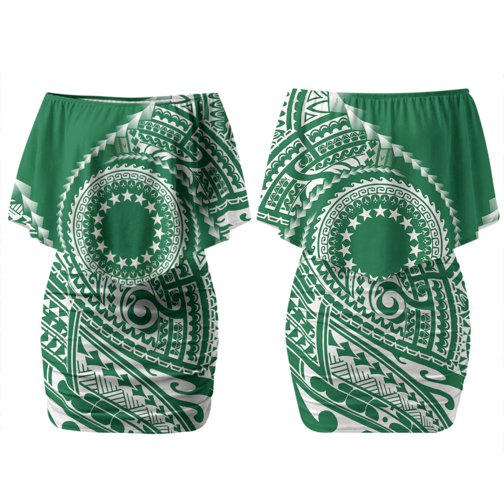 Cook Islands Gospel Day Couples Matching Off Shoulder Short Dress and Hawaiian Shirt Green Tribal Curves