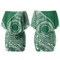 Cook Islands Gospel Day Couples Matching Off Shoulder Short Dress and Hawaiian Shirt Green Tribal Curves