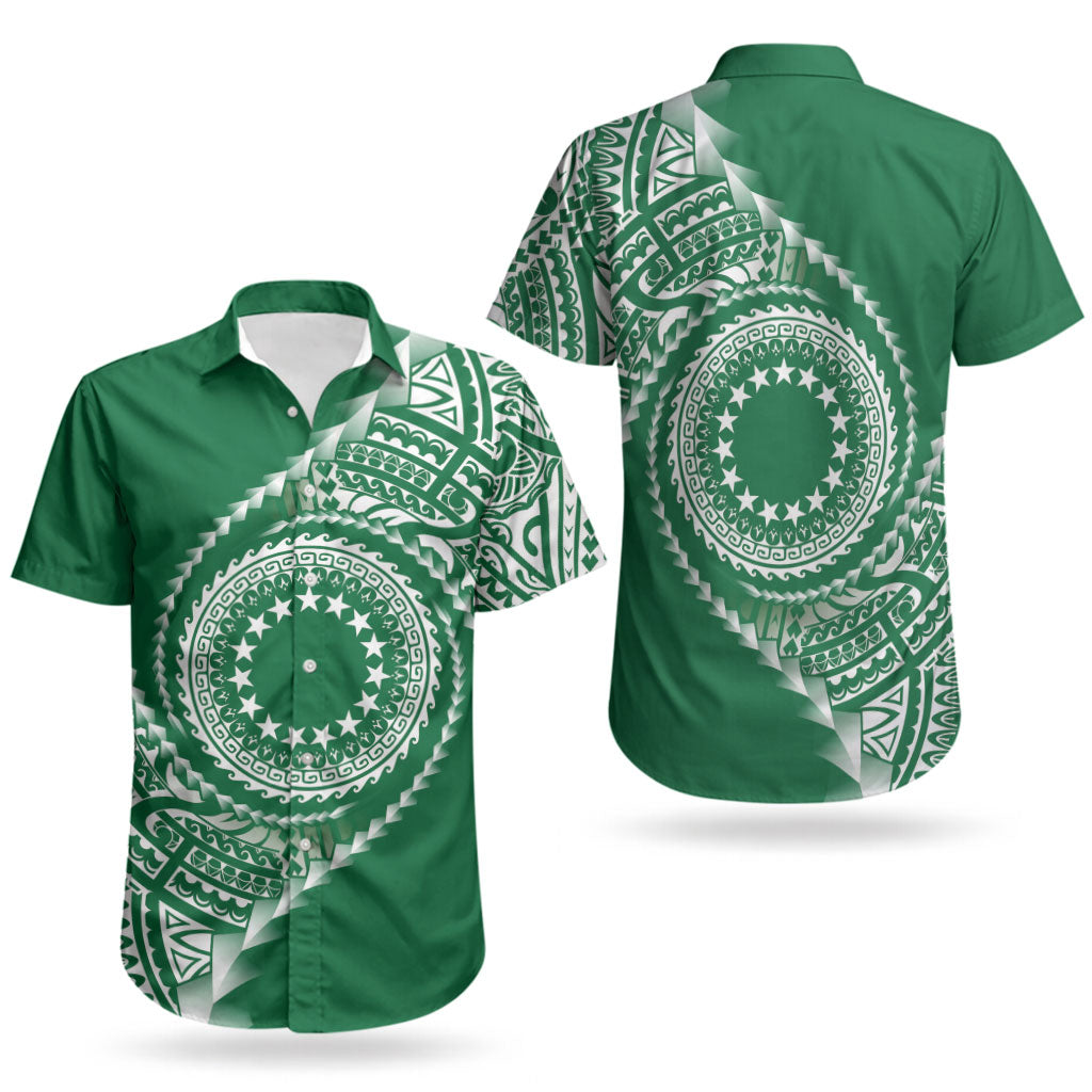 Cook Islands Gospel Day Couples Matching Off Shoulder Short Dress and Hawaiian Shirt Green Tribal Curves