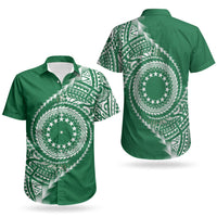 Cook Islands Gospel Day Couples Matching Off Shoulder Short Dress and Hawaiian Shirt Green Tribal Curves