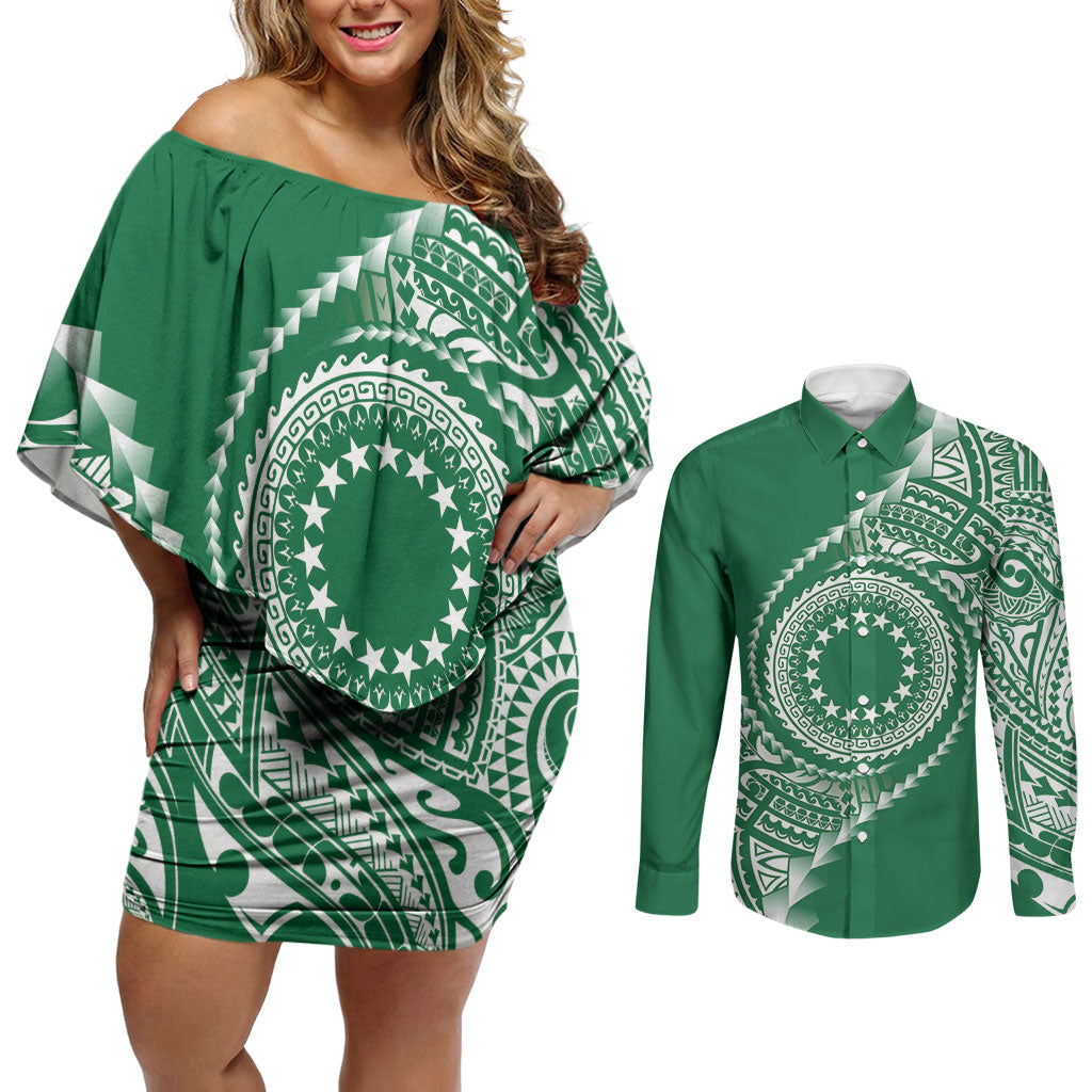 Cook Islands Gospel Day Couples Matching Off Shoulder Short Dress and Long Sleeve Button Shirt Green Tribal Curves LT05 Green - Polynesian Pride