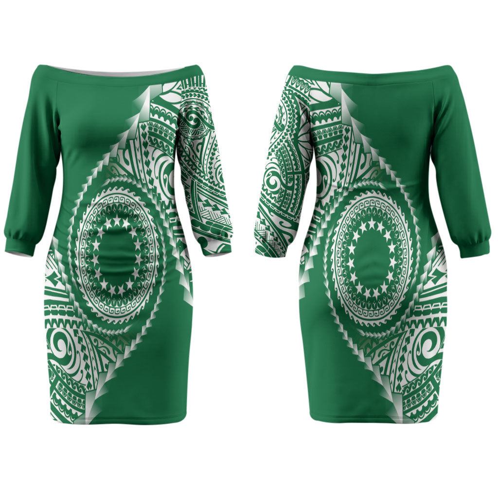Cook Islands Gospel Day Couples Matching Off The Shoulder Long Sleeve Dress and Hawaiian Shirt Green Tribal Curves