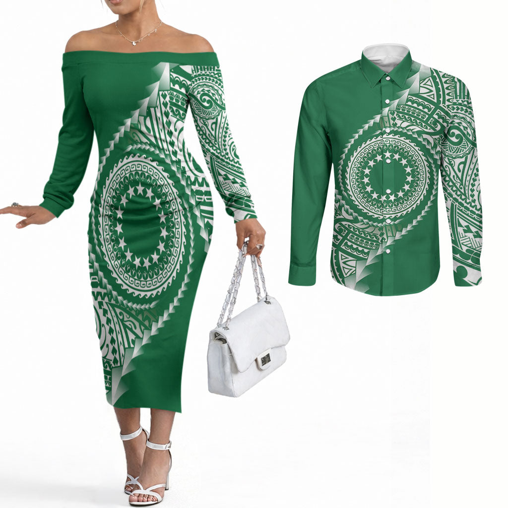Cook Islands Gospel Day Couples Matching Off The Shoulder Long Sleeve Dress and Long Sleeve Button Shirt Green Tribal Curves LT05 Green - Polynesian Pride