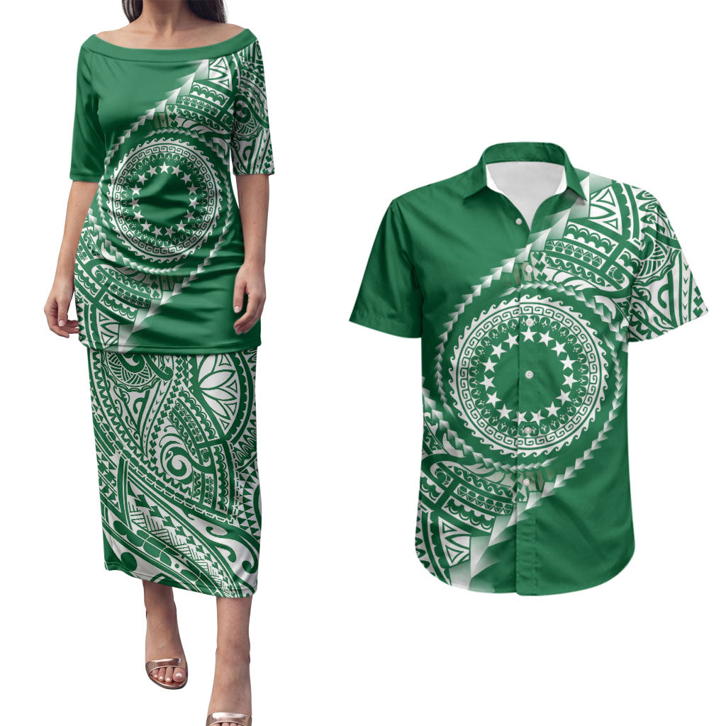 Cook Islands Gospel Day Couples Matching Puletasi and Hawaiian Shirt Green Tribal Curves
