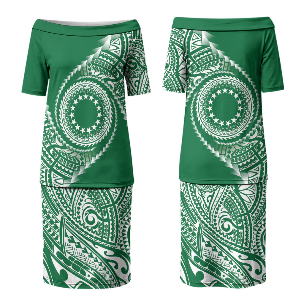 Cook Islands Gospel Day Couples Matching Puletasi and Long Sleeve Button Shirt Green Tribal Curves
