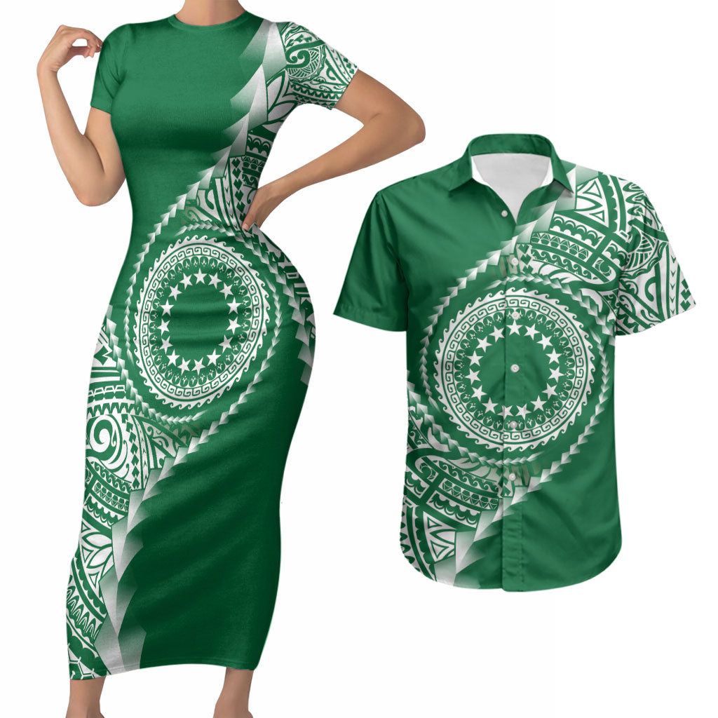 Cook Islands Gospel Day Couples Matching Short Sleeve Bodycon Dress and Hawaiian Shirt Green Tribal Curves