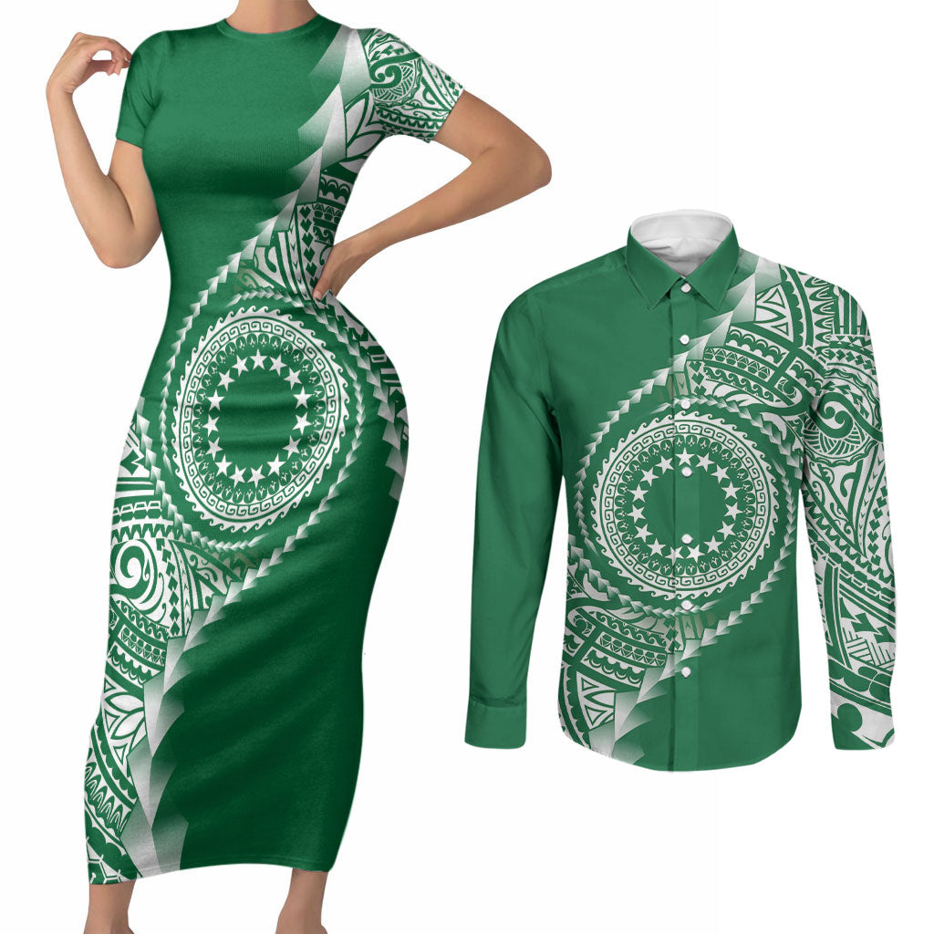 Cook Islands Gospel Day Couples Matching Short Sleeve Bodycon Dress and Long Sleeve Button Shirt Green Tribal Curves