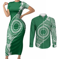 Cook Islands Gospel Day Couples Matching Short Sleeve Bodycon Dress and Long Sleeve Button Shirt Green Tribal Curves