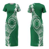 Cook Islands Gospel Day Couples Matching Short Sleeve Bodycon Dress and Long Sleeve Button Shirt Green Tribal Curves