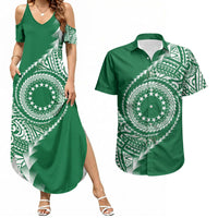 Cook Islands Gospel Day Couples Matching Summer Maxi Dress and Hawaiian Shirt Green Tribal Curves
