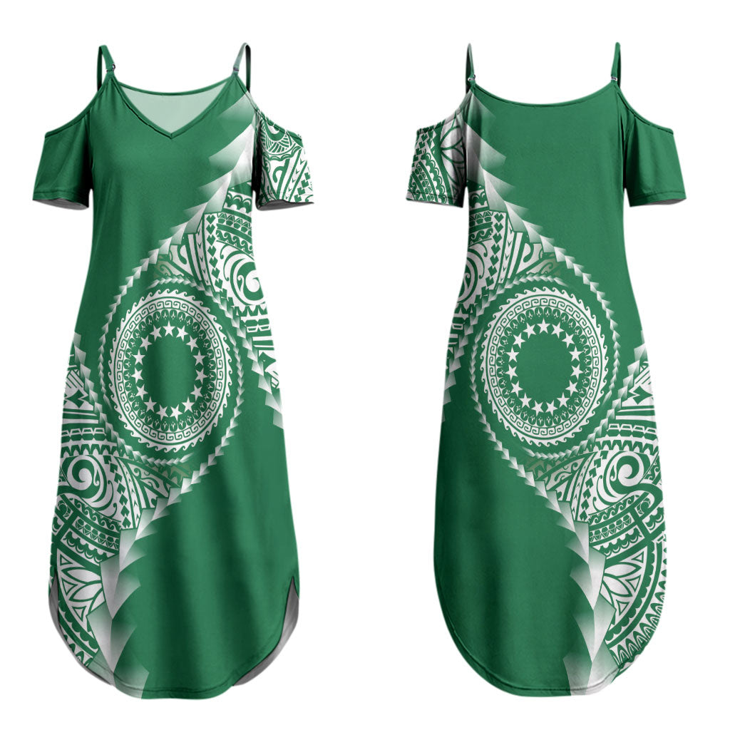 Cook Islands Gospel Day Couples Matching Summer Maxi Dress and Hawaiian Shirt Green Tribal Curves