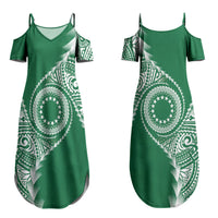 Cook Islands Gospel Day Couples Matching Summer Maxi Dress and Hawaiian Shirt Green Tribal Curves