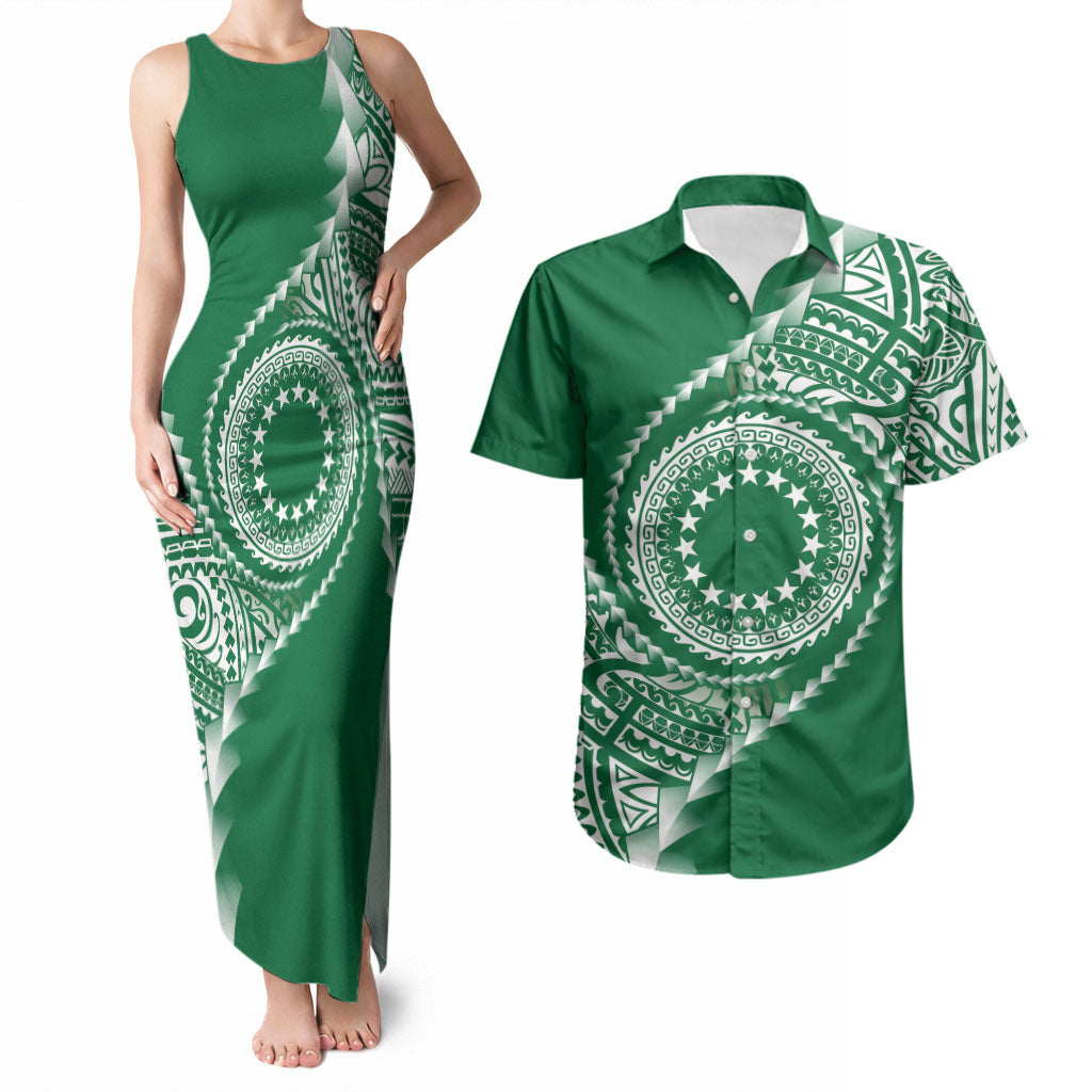 Cook Islands Gospel Day Couples Matching Tank Maxi Dress and Hawaiian Shirt Green Tribal Curves