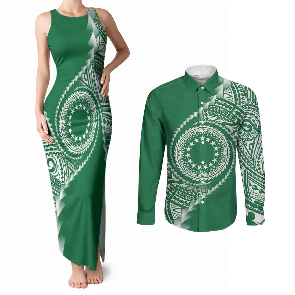 Cook Islands Gospel Day Couples Matching Tank Maxi Dress and Long Sleeve Button Shirt Green Tribal Curves