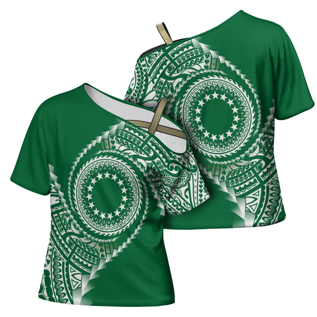 Cook Islands Gospel Day Cross Shoulder Shirt Green Tribal Curves