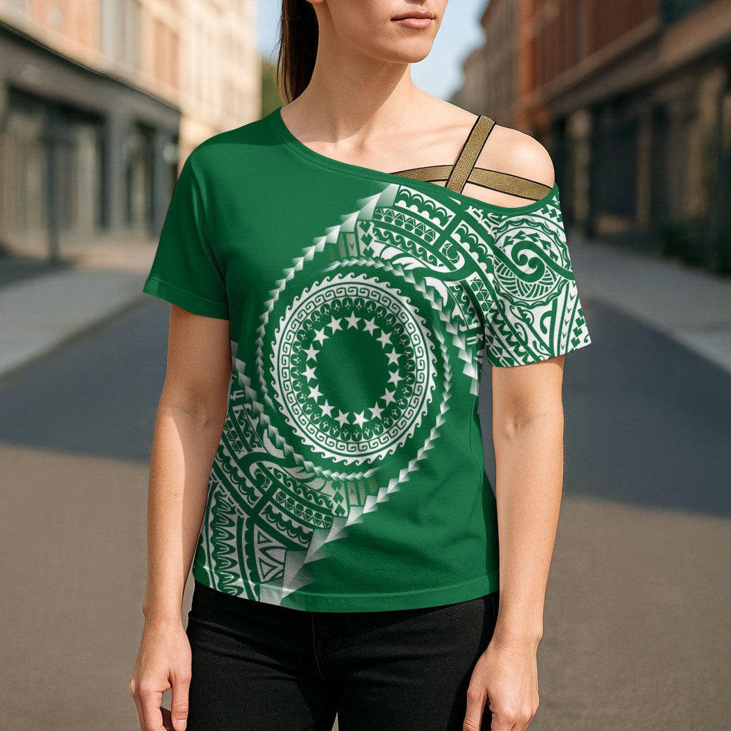 Cook Islands Gospel Day Cross Shoulder Shirt Green Tribal Curves