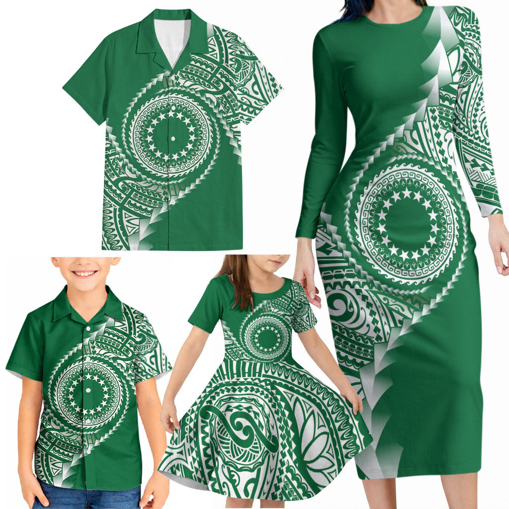 Cook Islands Gospel Day Family Matching Long Sleeve Bodycon Dress and Hawaiian Shirt Green Tribal Curves LT05 - Polynesian Pride