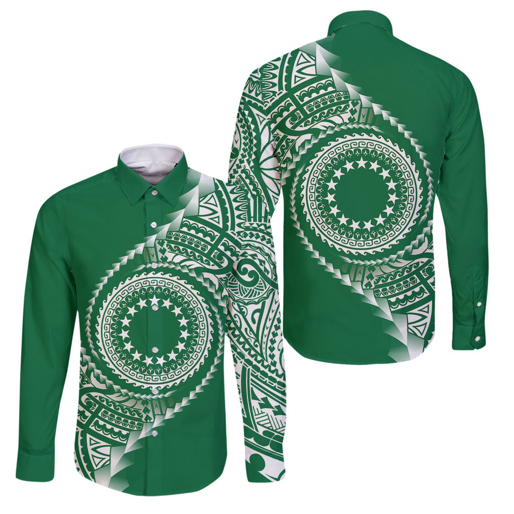 Cook Islands Gospel Day Family Matching Long Sleeve Bodycon Dress and Hawaiian Shirt Green Tribal Curves
