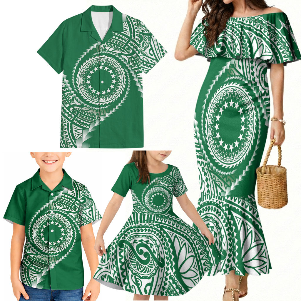 Cook Islands Gospel Day Family Matching Mermaid Dress and Hawaiian Shirt Green Tribal Curves LT05 - Polynesian Pride