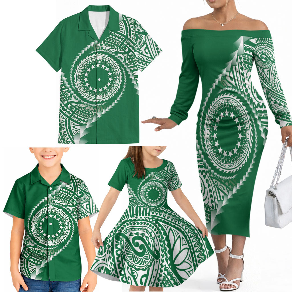 Cook Islands Gospel Day Family Matching Off The Shoulder Long Sleeve Dress and Hawaiian Shirt Green Tribal Curves