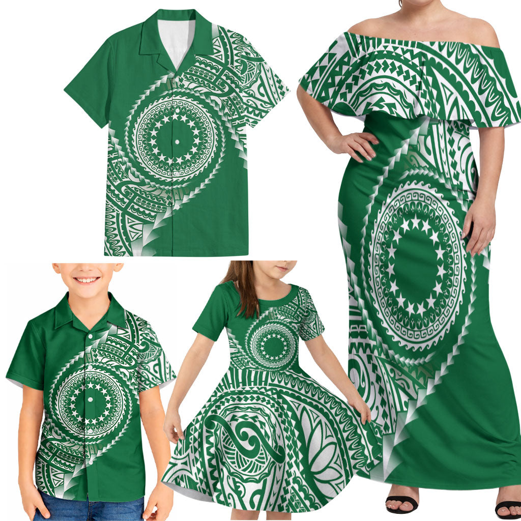 Cook Islands Gospel Day Family Matching Off Shoulder Maxi Dress and Hawaiian Shirt Green Tribal Curves