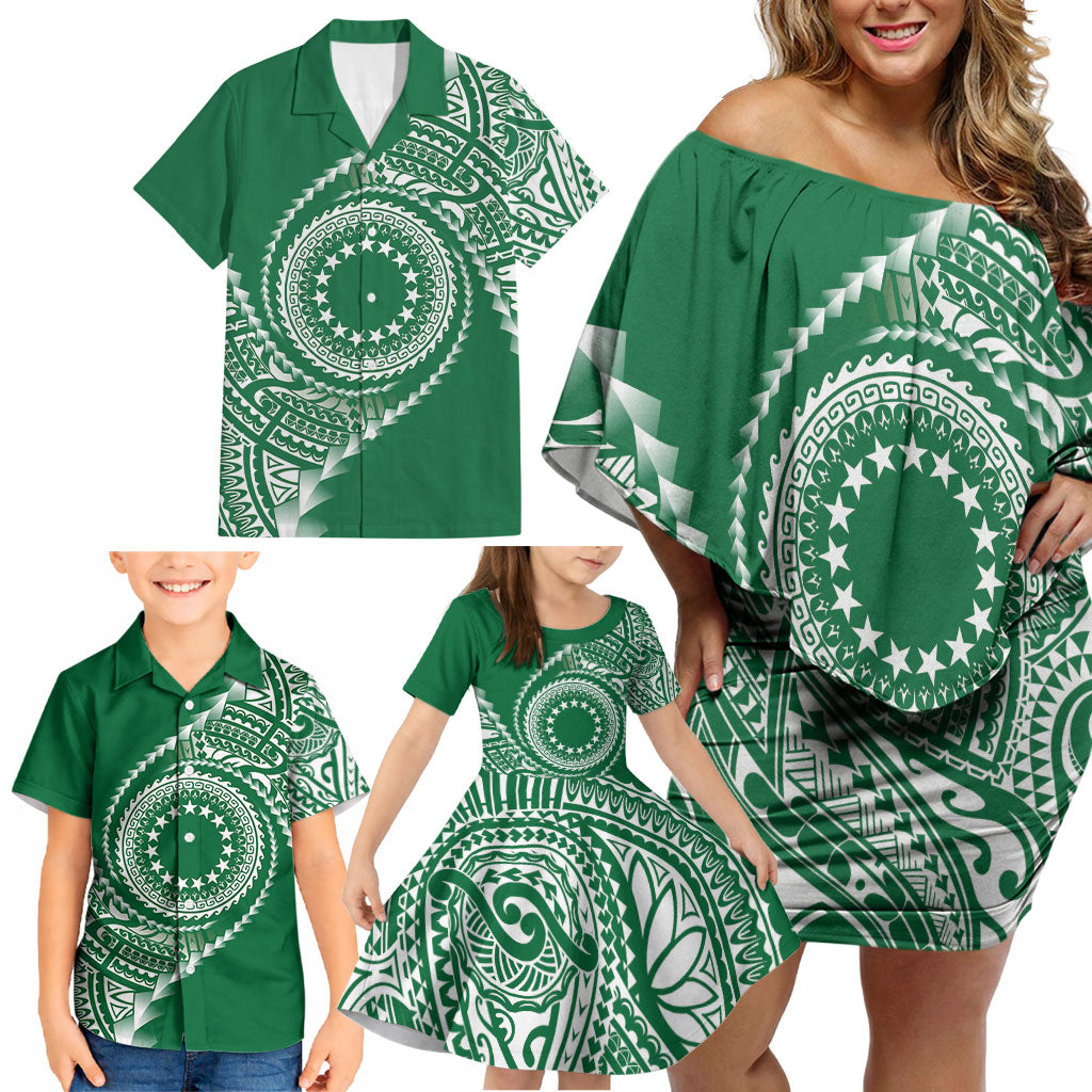 Cook Islands Gospel Day Family Matching Off Shoulder Short Dress and Hawaiian Shirt Green Tribal Curves LT05 - Polynesian Pride