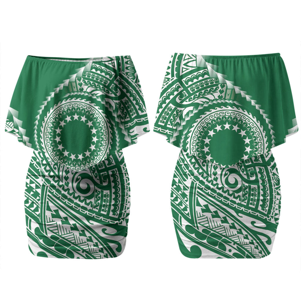 Cook Islands Gospel Day Family Matching Off Shoulder Short Dress and Hawaiian Shirt Green Tribal Curves