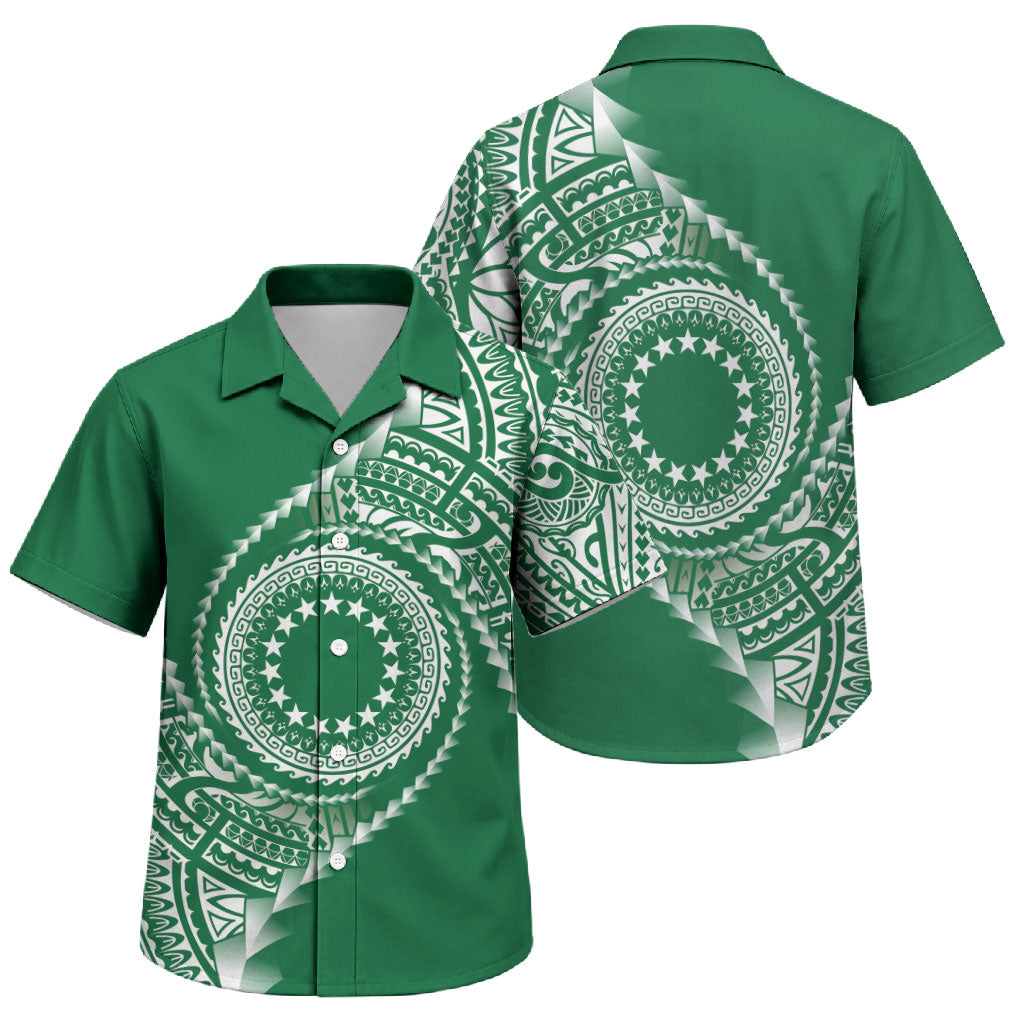 Cook Islands Gospel Day Family Matching Off Shoulder Short Dress and Hawaiian Shirt Green Tribal Curves
